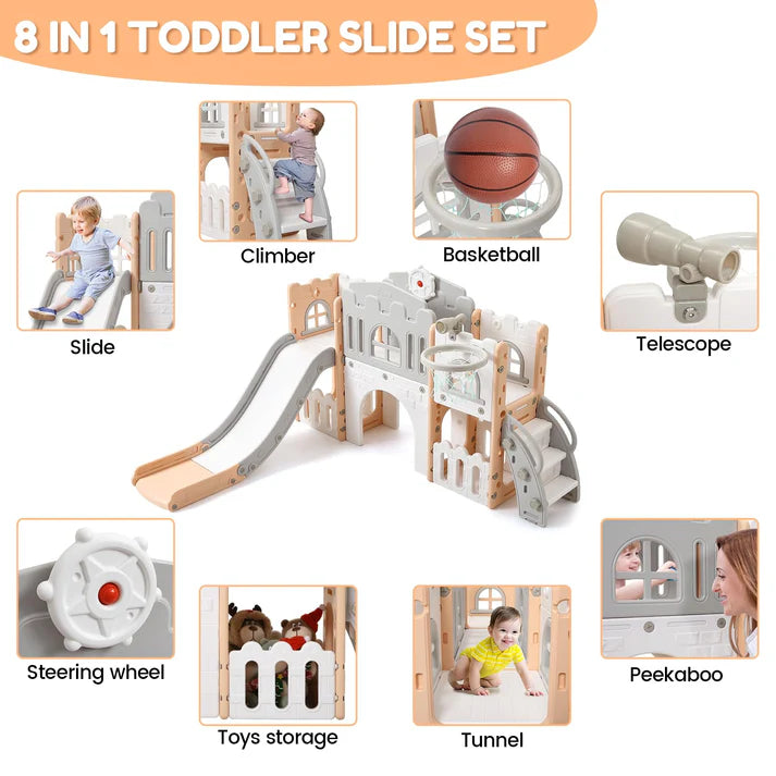Garvee 8-in-1 Kinder Rutsche – Klettern, Basketballkorb, Tunnel, Stauraum, Modernes Design, 1–3 Jahre