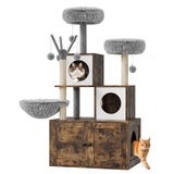 Garvee 2-in-1 Kratzbaum mit Katzenklo-Schrank, MDF-Katzenhaus mit Sisal-Kratzsäulen, Waschbaren Kissen und Stauraum - Braun