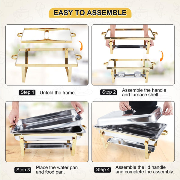 Garvee Chafing Dish 4er-Set – je 7,6 L rechteckig aus Edelstahl in Gold – Lieferumfang und Komponenten