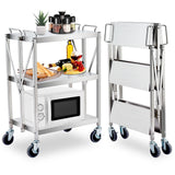 Garvee Faltbarer Servierwagen Edelstahl – Tragbar, 3 Ablagen, mit Bremse, 200 kg Traglast, Silber