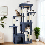 Garvee Kratzbaum 156 cm für große Katzen, Katzenbaum mit großer Liegefläche, 2 Katzenhöhlen, 7 Sisal-Kratzstämmen und Spielzeug, Dunkelblau - Dunkelblau