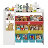 Garvee Kinder Spielzeugregal mit 8 herausnehmbaren Boxen, 3 Ablagefächern und Schranktür, MDF, Gelb/Rot/Blau, 113 × 30 × 100 cm - Gelb/Rot/Blau
