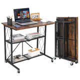 Garvee Klapptisch mit Rollen, 80 × 50 × 75 cm, klappbares Küchenregal mit 2 Gitterablagen, vormontierter Beistelltisch, platzsparend zusammenklappbar, 4 feststellbare Rollen, Braun - Braun