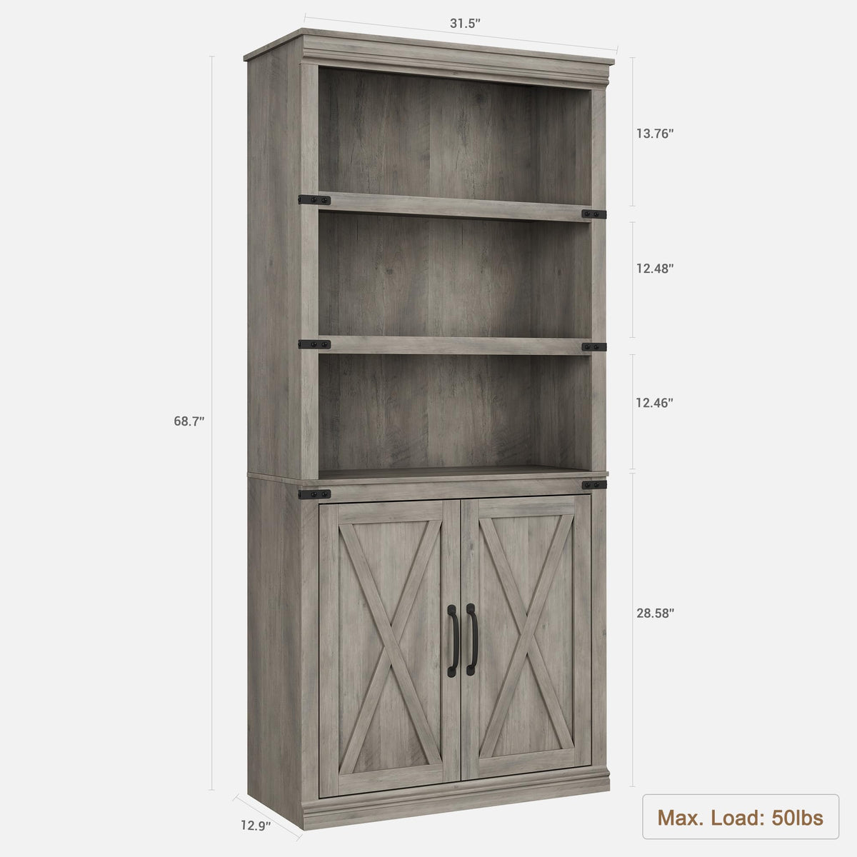 GARVEE Bücherregal mit Türen, 5 Ebenen, 80 × 33 × 174,5 cm, MDF, verstellbare Ablagen, Grau – für Wohnzimmer & Schlafzimmer