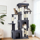 Garvee Kratzbaum 156 cm für große Katzen, Katzenbaum mit großer Liegefläche, 2 Katzenhöhlen, 7 Sisal-Kratzstämmen und Spielzeug, Dunkelgrau - Dunkelgrau