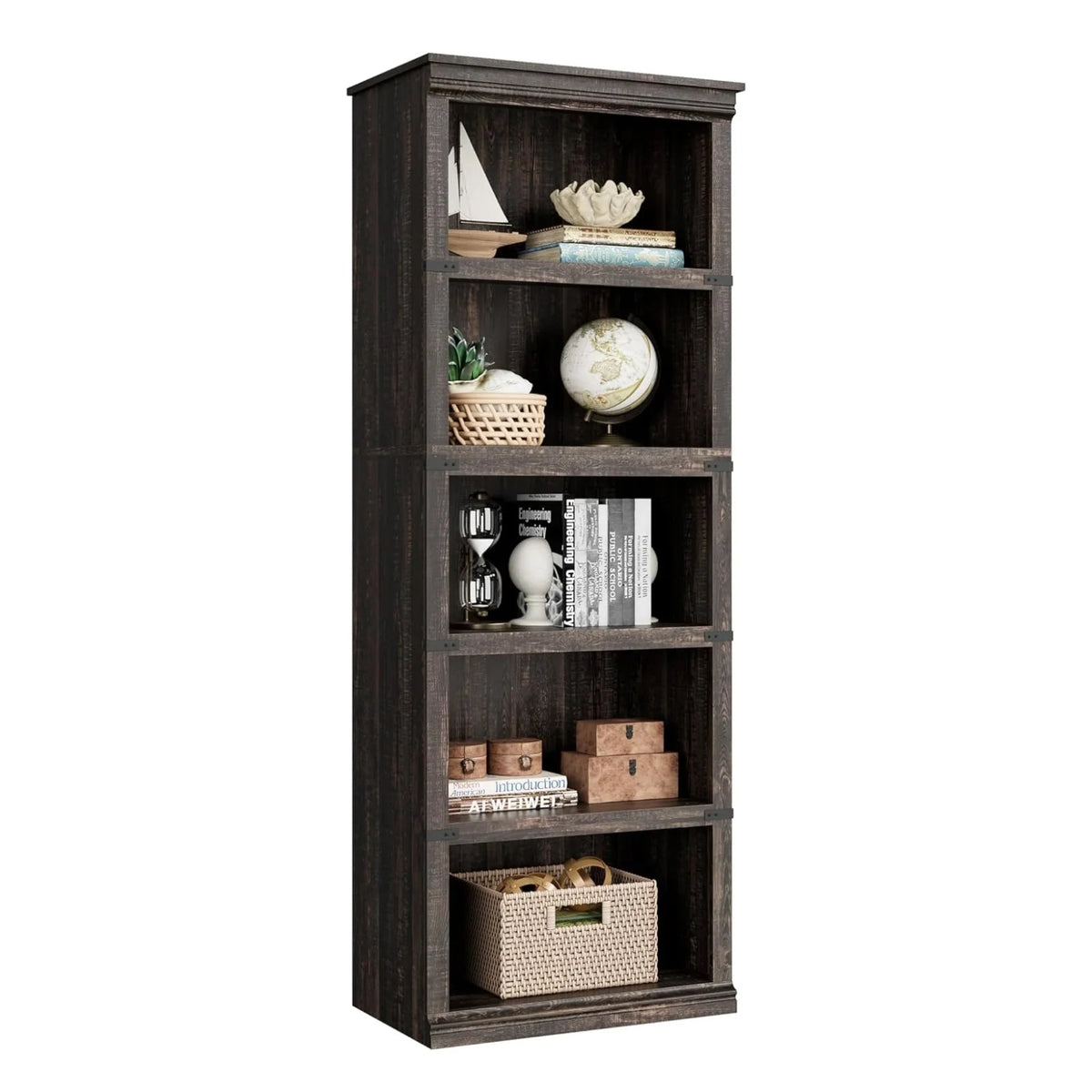 GARVEE Standregal, 5 Ebenen, 62 × 32 × 171 cm, MDF, Landhausstil, Dunkle Eiche – für Wohnzimmer & Büro