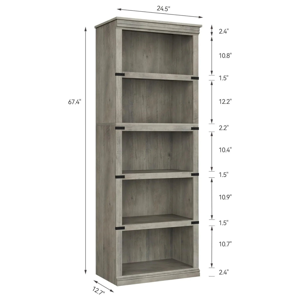 GARVEE Standregal, 5 Ebenen, 62 × 32 × 171 cm, MDF & Metall, Landhausstil, Grau – für Wohnzimmer & Büro