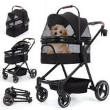 Garvee Hundebuggy 3-in-1 bis 22 kg, faltbarer Hundewagen mit Transportbox, Federung, Bremse und Sonnendach für Hunde und Katzen - Schwarz