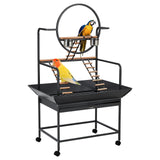 Garvee Papageien-Freysitz mit Rollen, Vogelspielplatz aus Metall mit 2 Futternäpfen, Leitern, Auffangschale und Ablage, Schwarz, 168 cm