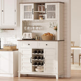 Garvee Buffetschrank Weiß 103 x 38 x 183 cm mit Weinregal für 9 Flaschen, Weinglashalter, 4 Türen und 2 Schubladen im Landhausstil