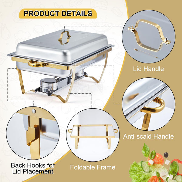 Garvee Chafing Dish 4er-Set – je 7,6 L rechteckig aus Edelstahl in Gold – Schneller Aufbau und einfache Handhabung