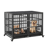 Garvee Hundekäfig aus Metall mit Trennwand, 2 Türen, aufklappbarem Dach, Futterstation, Rollen und 2 herausnehmbaren Bodenwannen - Schwarz