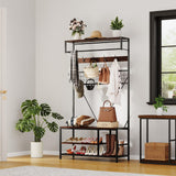 Garvee 5-in-1 Flurgarderobe mit Sitzbank und Schuhregal, 100 × 37 × 184 cm, Garderobenständer mit 9 Haken, Kleiderstange, verstellbarer Ablage und Kippschutz - Walnussbraun