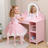 GARVEE Kinder Frisiertisch mit Beleuchtetem Spiegel, Schminktisch Set mit Hocker für Mädchen 3–9 Jahre, 2-in-1 Design mit Stauraum, Ohne Schminkset, Rosa - Rosa