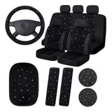 Garvee 15-Teiliges Funkelndes Autositzbezug-Set für Frauen mit Kristall-Lenkradbezug, Samtig Atmungsaktiv, Universell, mit Mittelkonsole, Alltag und Events - Schwarz