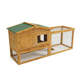 Garvee Kaninchenstall Outdoor, zweistöckig aus Fichtenholz, mit Ruhehaus, Auslauf, Rampe, Rollen, Futterspender und herausziehbarer Bodenwanne - Natur