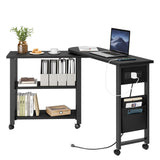 Garvee Eckschreibtisch L-Form, 360° drehbar, mit Steckdose, USB-Anschluss, Regal, Stauraum und 6 Rollen, MDF & Metall, Schwarz - Schwarz