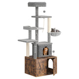 Garvee Kratzbaum mit Katzenklo Schrank, 140 cm hoher Katzenbaum mit Katzenhöhle, Liegeplätzen, Sisal-Kratzstämmen und Spielball - Braun