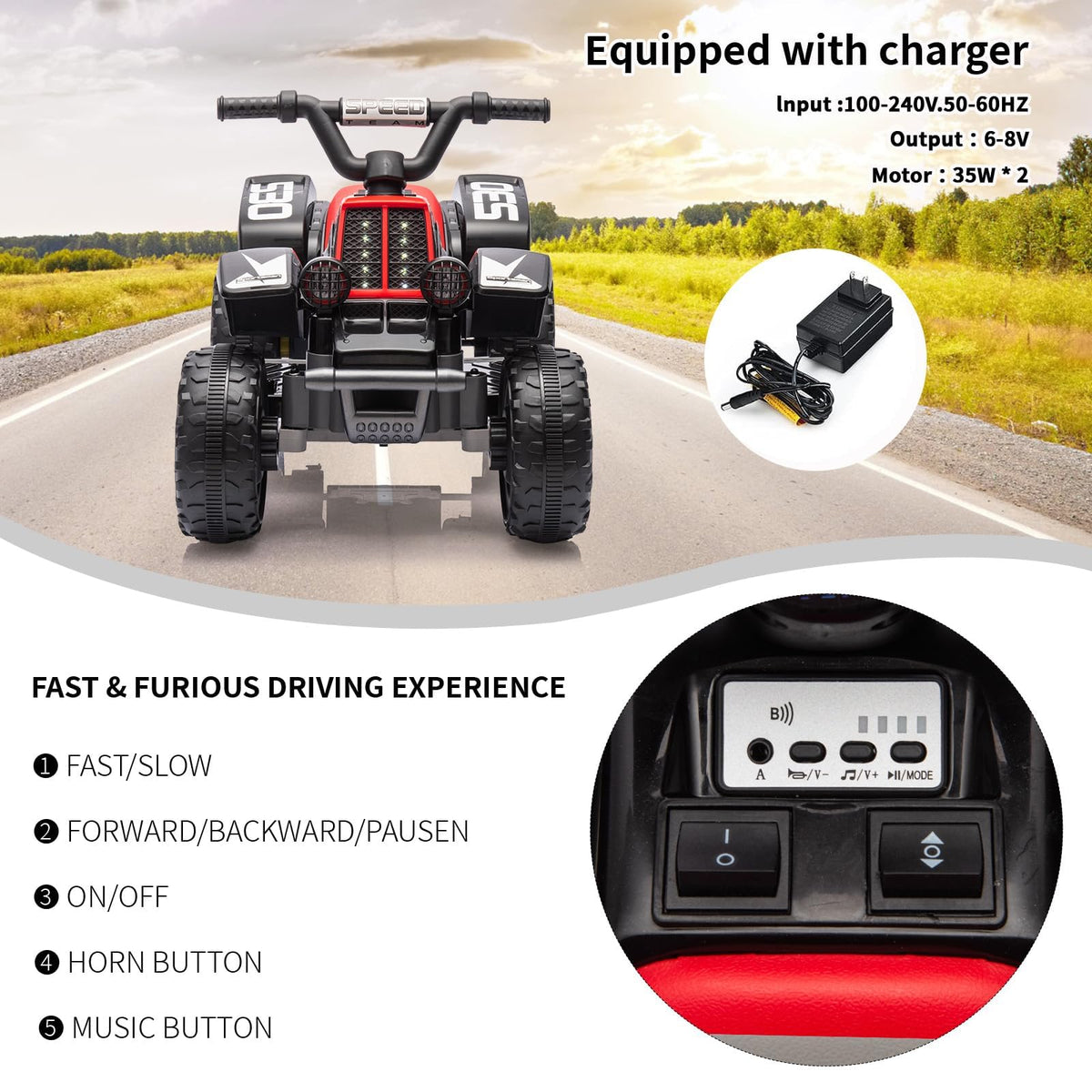GARVEE Elektroquad mit LED-Licht, Bedienkonsole, Fahrpedal und ATV-Design