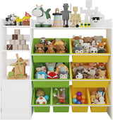 Garvee Kinder Spielzeugregal mit 8 herausnehmbaren Aufbewahrungsboxen, 3 Fächern, Schranktür und Kippschutz, MDF, 113 × 30 × 100 cm - Grüb/Gelb