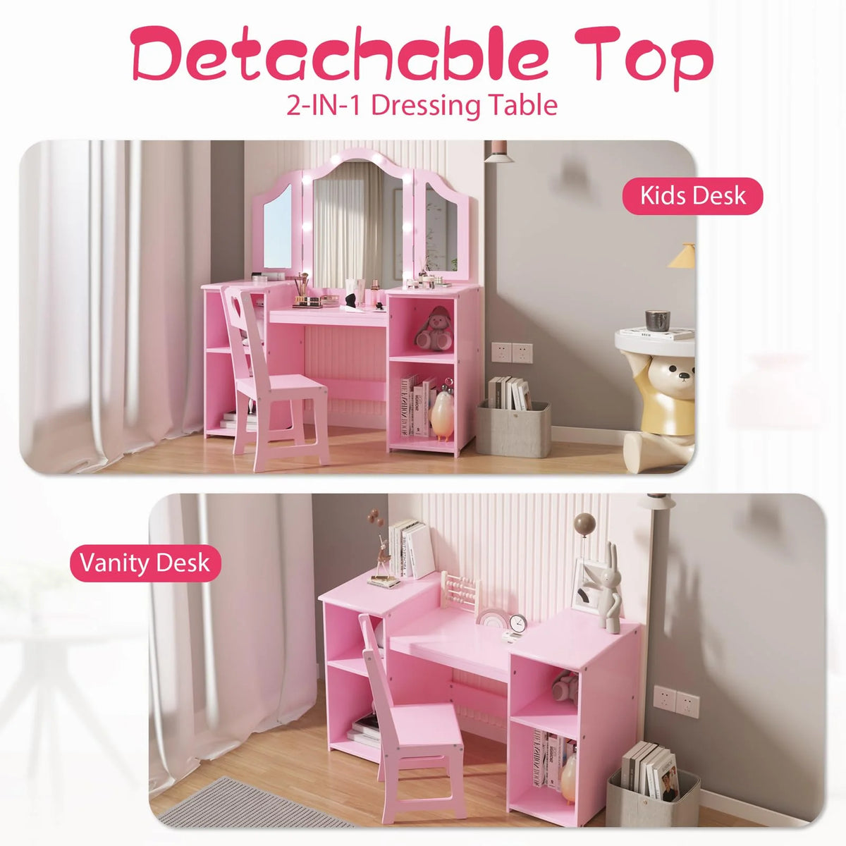 Garvee Prinzessin Schminktisch Mit LED Licht, Spiegel, Stuhl, 104×41×117 cm, Rosa