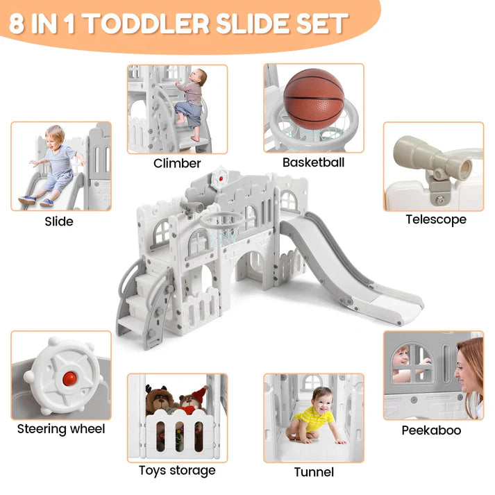Garvee 8-in-1 Kinder Rutsche – Klettern, Basketballkorb, Tunnel, Stauraum, Modernes Design, 1–3 Jahre
