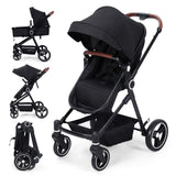 Garvee 2-in-1 Kinderwagen und Buggy, faltbar mit Einhand-Faltmechanismus, 3-fach verstellbarer Rückenlehne 100°/135°/180°, 5-Punkt-Gurt, EVA-Rädern mit Federung und Bremssystem, 8,8 kg - Schwarz