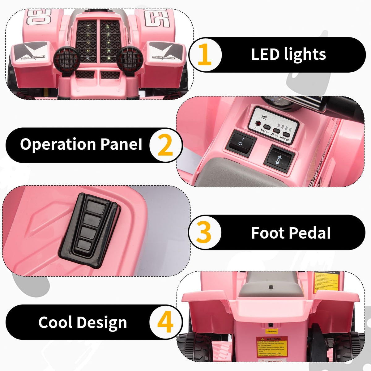 GARVEE Kinder-Elektroquad in Pink mit LED-Beleuchtung, Bedienkonsole und Fußpedal