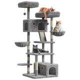 Garvee 168 cm Kratzbaum für Katzen, Mehrstöckiger Katzenbaum mit Sisal-Kratzsäulen, großer gepolsterter Liegefläche, Katzenhöhlen, Hängematte und Kippschutz, bis 15 kg - Grau