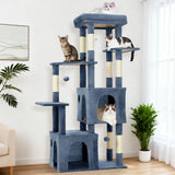 Garvee Kratzbaum 155 cm für große Katzen, Katzenbaum mit XXL-Liegefläche, 2 Katzenhöhlen, 7 Sisal-Kratzsäulen und Spielzeug - Blau