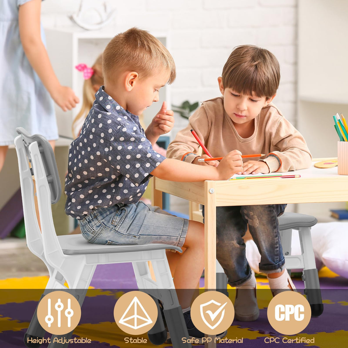 Kinderstuhl aus ungiftigem Polypropylen mit abgerundeten Ecken