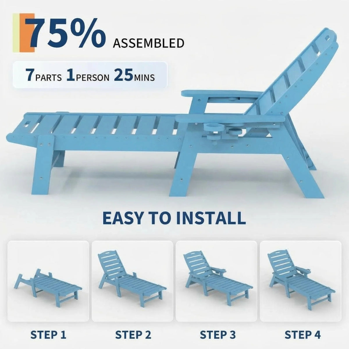GARVEE HDPE Gartenliege mit Rädern, Verstellbare Sonnenliege mit Getränkehalter, Wetterfest und Pflegeleicht, Ideal für Pool, Strand und Garten, Blau
