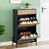Garvee Schuhschrank schmal 61 × 24 × 102 cm, Rattan-Schuhkipper mit 2 Klappen, Schublade & verstellbaren Fächern, Schwarz-Eiche - Schwarz-Eiche