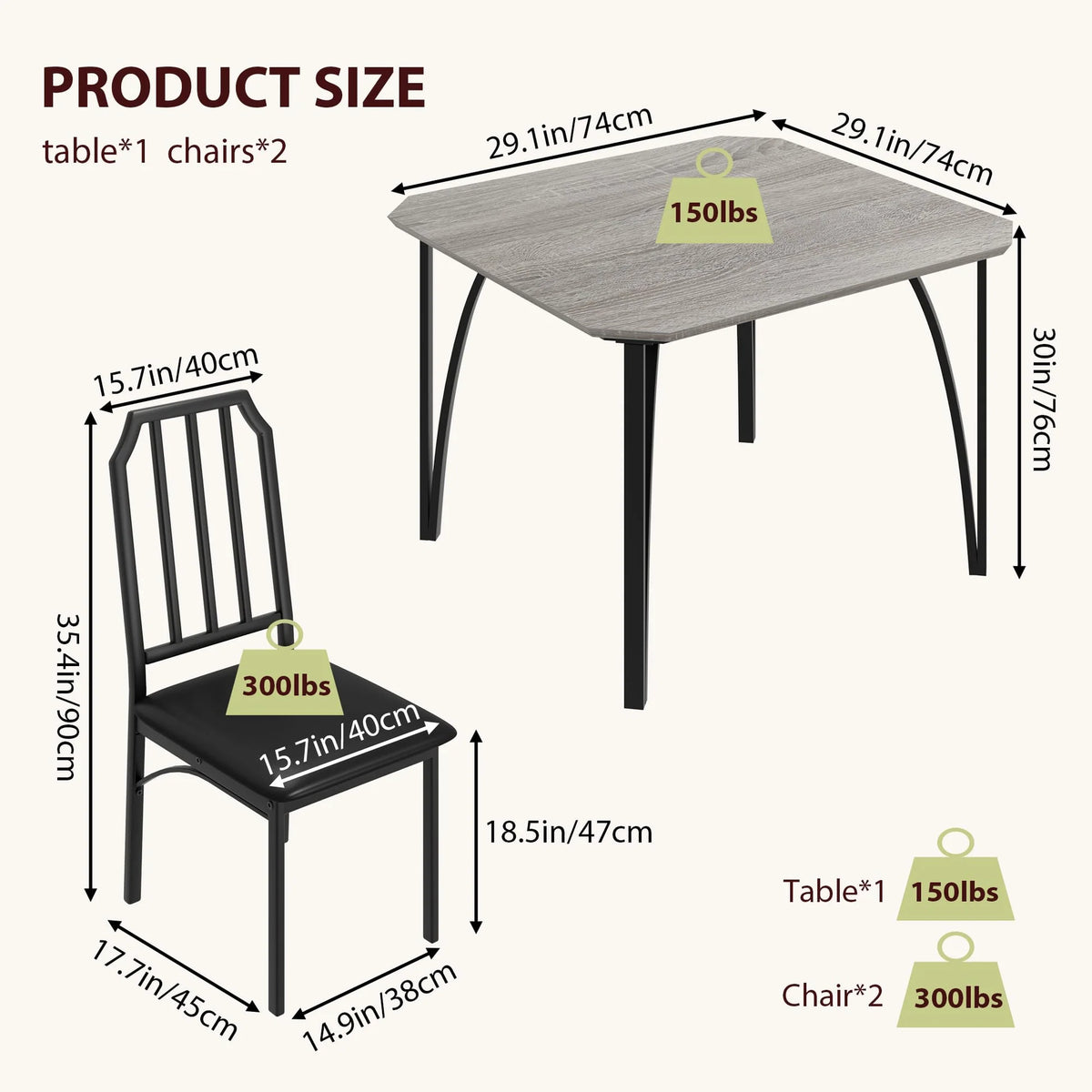 Garvee Essgruppe, 1 Tisch + 2 Stühle für 2 Personen, mit Rückenlehne, gepolstert, pflegeleicht, MDF, Modern, Grau