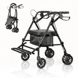 Garvee Rollator faltbar mit 4 Rädern, höhenverstellbare Gehhilfe mit Sitz und Doppelbremse, stabiler Stahlrahmen, 80–90 cm, für Innen- & Außenbereich, Schwarz - Schwarz