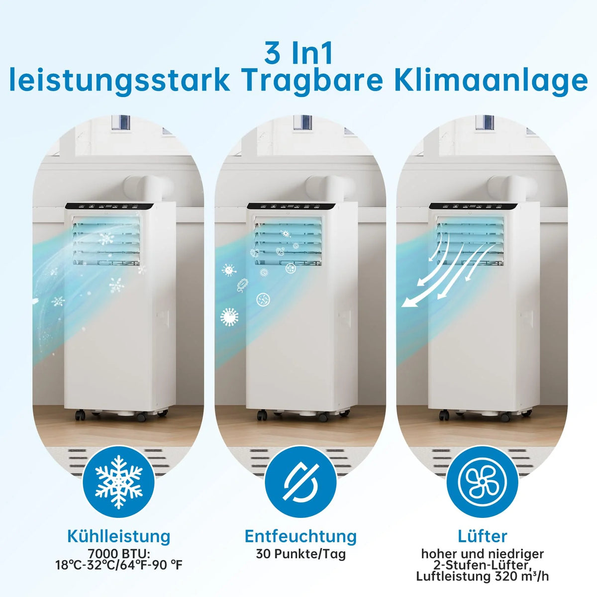 Garvee Mobiles Klimagerät 7000 BTU, Leise & Effiziente Klimaanlage mit R290-Kältemittel, Fenster-Kit & Abluftschlauch, Ideal für Zuhause & Büro