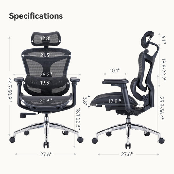 Maßangaben und technische Abmessungen des ergonomischen Bürostuhls