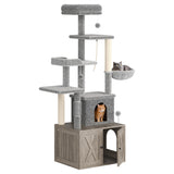 Garvee Kratzbaum mit Katzenklo Schrank, 140 cm hoher Katzenbaum mit Katzenhöhle, Liegeplätzen, Sisal-Kratzstämmen und Spielball - Grau