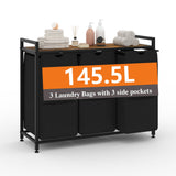 Garvee 3-Abschnitt Wäschekorb Mit Regal, 145,5L, Oxford Stoff, Metallrahmen, Rustikal Braun-Schwarz Für Bad & Schlafzimmer