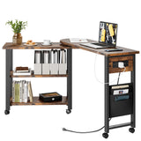 Garvee Eckschreibtisch L-Form, 360° drehbar, mit Steckdose, USB-Anschluss, Regal, Stauraum und 6 Rollen, MDF & Metall, Braun - Braun