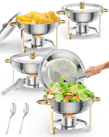 Garvee Chafing Dish 4er-Set 5 L aus Edelstahl, Gold mit Deckelhalter, Buffet-Speisenwärmer für Hochzeiten, Partys und Events - Gold | 5 L