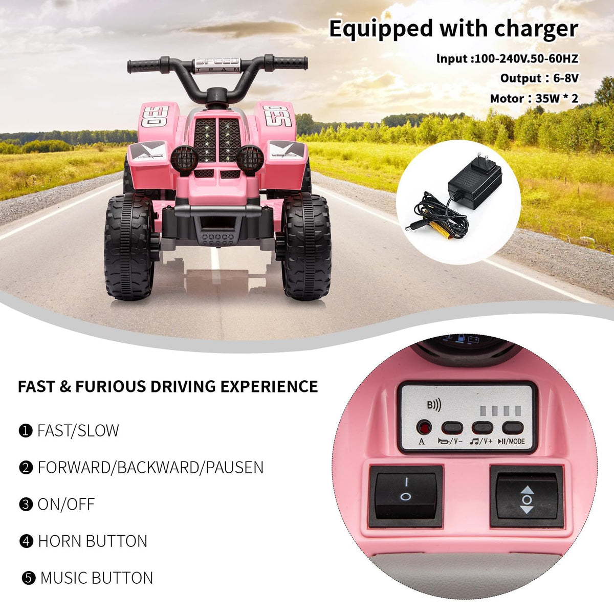 GARVEE Kinderquad in Pink mit Ladegerät, Musik, Hupe und Bedienfeld