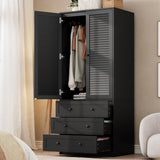 Garvee Kleiderschrank Schwarz Mit Lamellentüren, 3 Schubladen & Kleiderstange Für Schlafzimmer, 80x50x176.5cm, Wäscheschrank Mit Soft-Close & Kippschutz