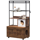Garvee Katzenklo-Schrank mit Katzenbaum, Höhle, Hängematte, Kratzmatte und Spielball, 80 × 48 × 152 cm, Metallrahmen, Braun