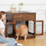 Garvee Hundebox Möbel für mittelgroße und große Hunde, 100 × 60 × 102 cm, Hundekäfig mit 2 Schubladen, Metallstäben und 3 Türen, rustikale Holzoptik