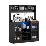 Garvee Weinbar Schrank mit LED Licht & Steckdose, 9 Weinregale & 6 Haken, Partikelholz, für Küche & Wohnzimmer, Verstellbares Regal, Modernes Design, mit Ablage