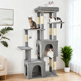 Garvee Kratzbaum 156 cm für große Katzen, Katzenbaum mit großer Liegefläche, 2 Katzenhöhlen, 7 Sisal-Kratzstämmen und Spielzeug, Hellgrau - Hellgrau