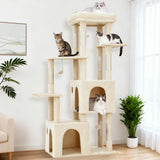 Garvee Kratzbaum 156 cm für große Katzen, Katzenbaum mit großer Liegefläche, 2 Katzenhöhlen, 7 Sisal-Kratzstämmen und Spielzeug, Beige - Beige