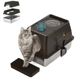 Garvee Großes Katzenklo mit Edelstahlwanne, Geschlossene Katzentoilette mit 2 Eingängen, Top Entry, abnehmbarem Deckel, Auslaufschutz und Streufang-Trittfläche, 60 × 40 × 39 cm - Schwarz