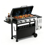 Garvee 4 Brenner Gasgrill Mit Plancha-Fläche & Abnehmbarem Wagen Für Terrasse, Camping & Tailgating, 32.000 BTU, Schwarz